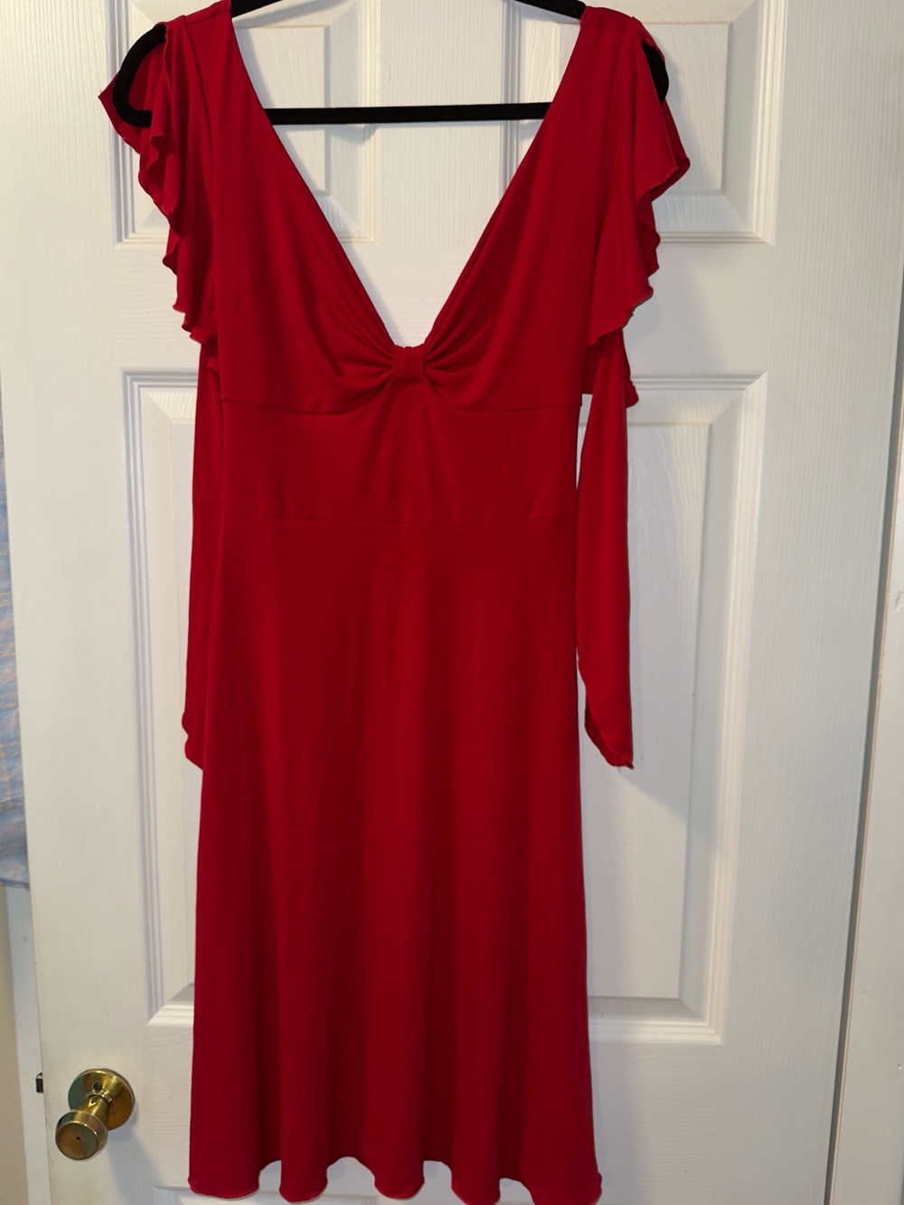 J.F.W Red V-Neck Flutter Sleeve A-Line Dress Women’s Small Ruffle Tie Stretch